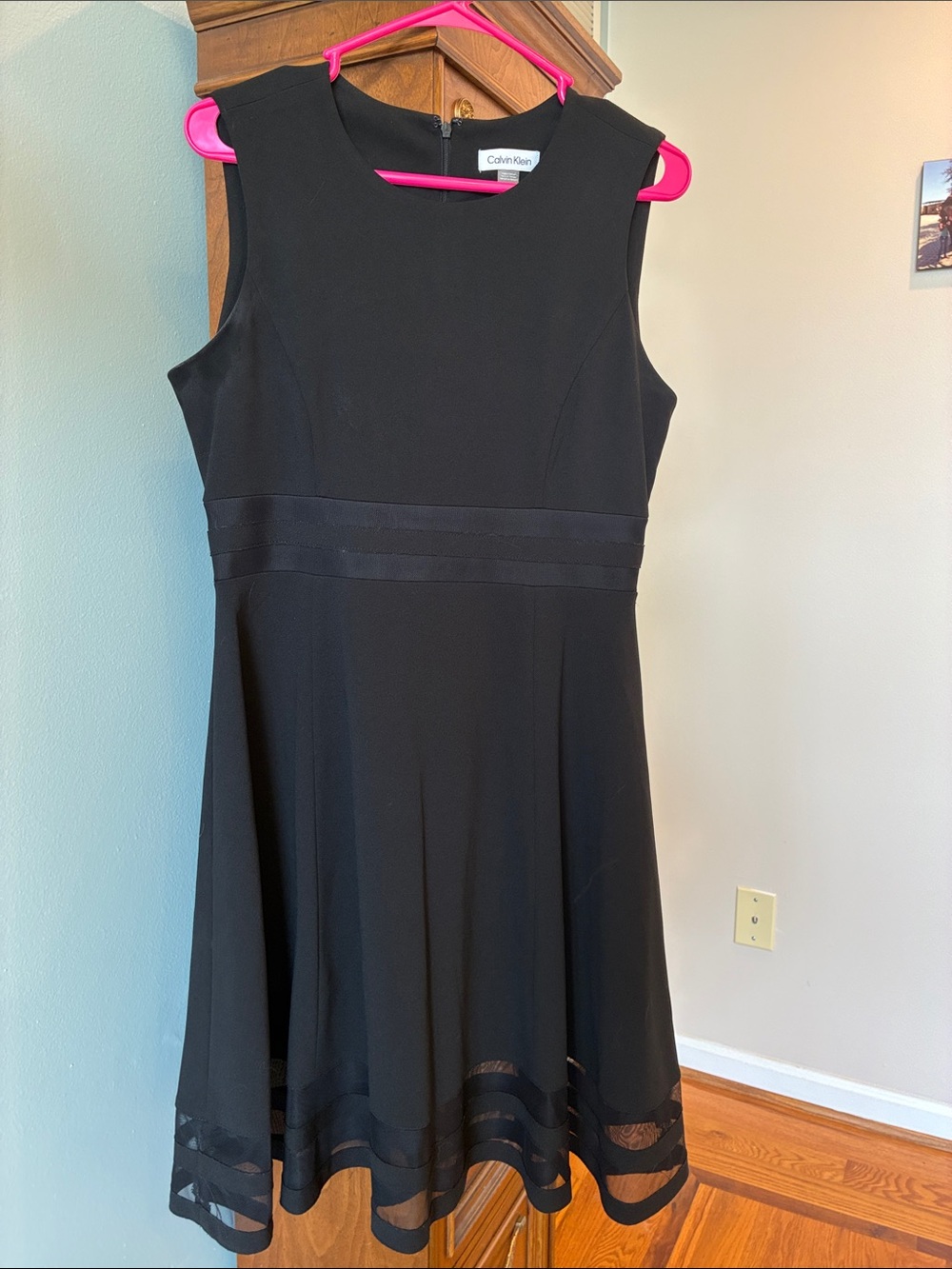 Calvin Klein Black Sleeveless Fit-and-Flare Dress with net detail